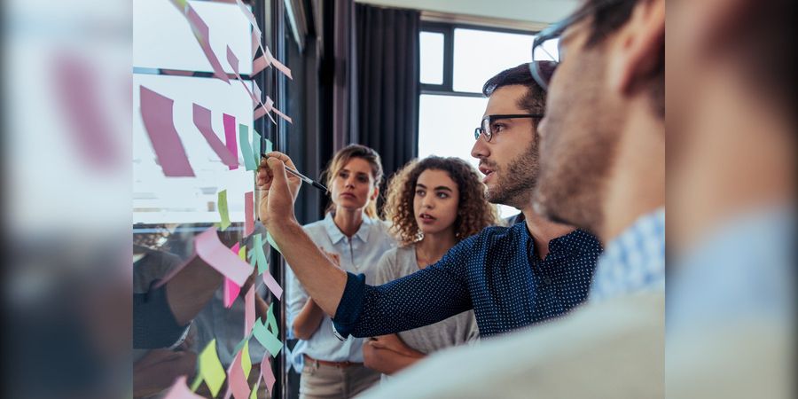 Projektteam an einer Planungswand mit Haftnotizen