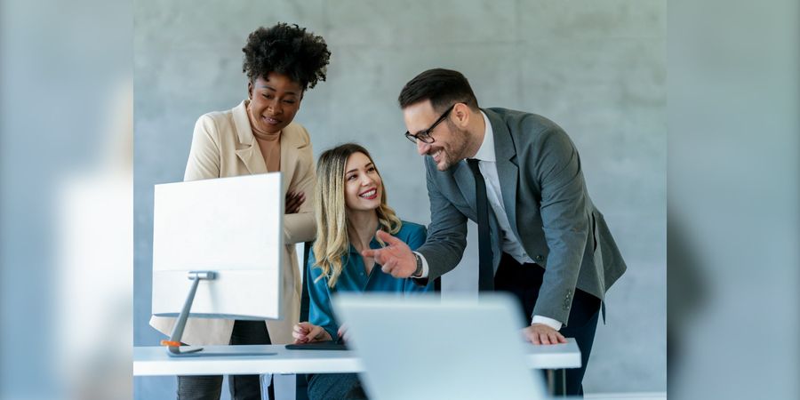 Beraterinnen und Berater besprechen gemeinsam ein Projektergebnis am Bildschirm