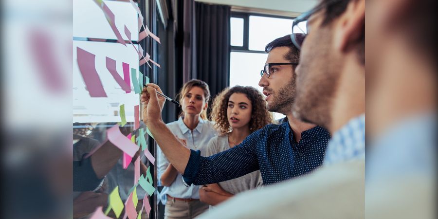 Projektteam arbeitet gemeinsam an einer Wand mit Klebezetteln