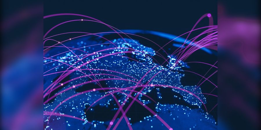 Digitaler Globus mit internationalen Verbindungslinien in Tiba-Violett