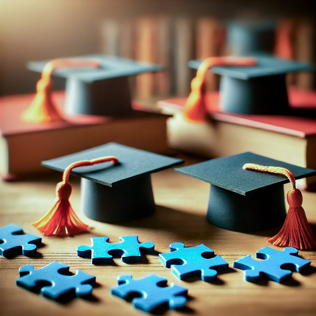 KI-generiertes Bild von Mini-Absolventenkappen und Puzzleteilen | Microlearning & Learning-Nuggets