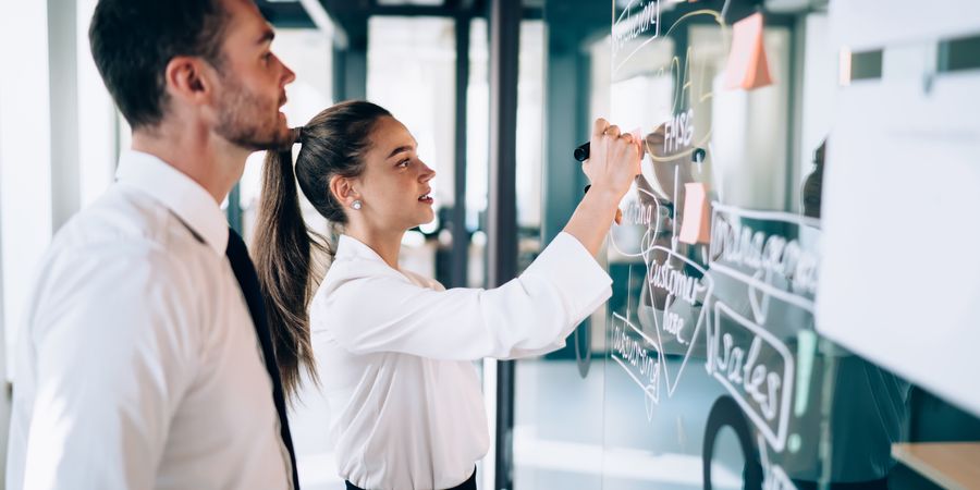 Frau und Mann an einem durchsichtigen Moodboard | Kreativität in der Führung & Change-Projekte