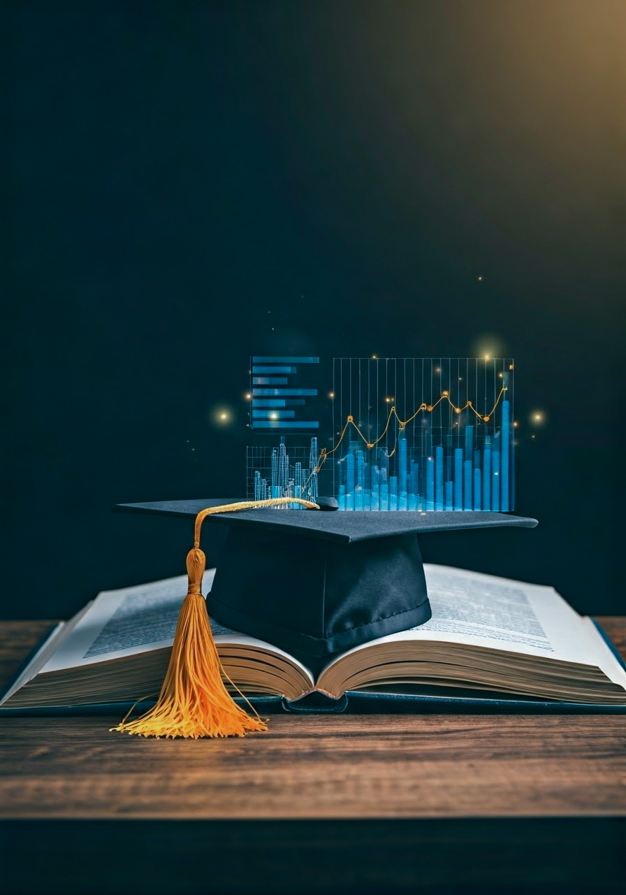 KI-generiertes Bild eines aufgeschlagenen Buchs mit Absolventenkappe und Analysen darauf
