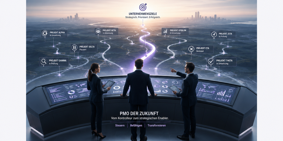 Visualisierung eines strategischen Project Management Office (PMO), das Projektportfolios steuert und Unternehmen bei der strategischen Umsetzung unterstützt.