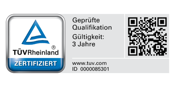 Pruefzeichen TUEV Rheinland gepruefte Qualifikation Pruefzeichen TUEV Rheinland gepruefte Qualifikation