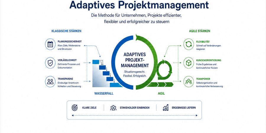 Adaptives Projektmanagement verbindet klassische und agile Methoden für mehr Flexibilität, Effizienz und Projekterfolg in Unternehmen.
